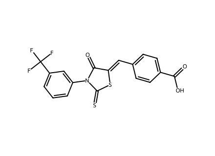 4-[4-Oxo-2-thioxo-3-(3-trifluoromethyl-phenyl)-thiazolidin-(5Z)-ylidenemethyl]-benzoic acid molecular structure